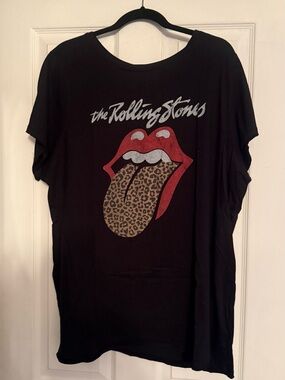 the Rolling Stones Black Tee with Red Lips and Leopard Tongue